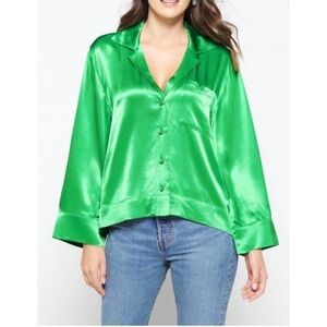 Pistola Green Satin Sia Long Sleeve Button Down Blouse in Fern Size XL NEW